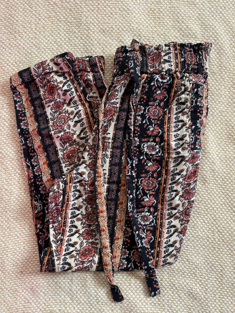 100% Cotton Floral Stripe Tie-Waist Pants